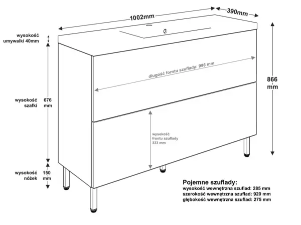 Schemat szafki łazienkowej z wymiarami: całkowita wysokość 866 mm, wysokość szafki 676 mm, wysokość nóżek 150 mm.